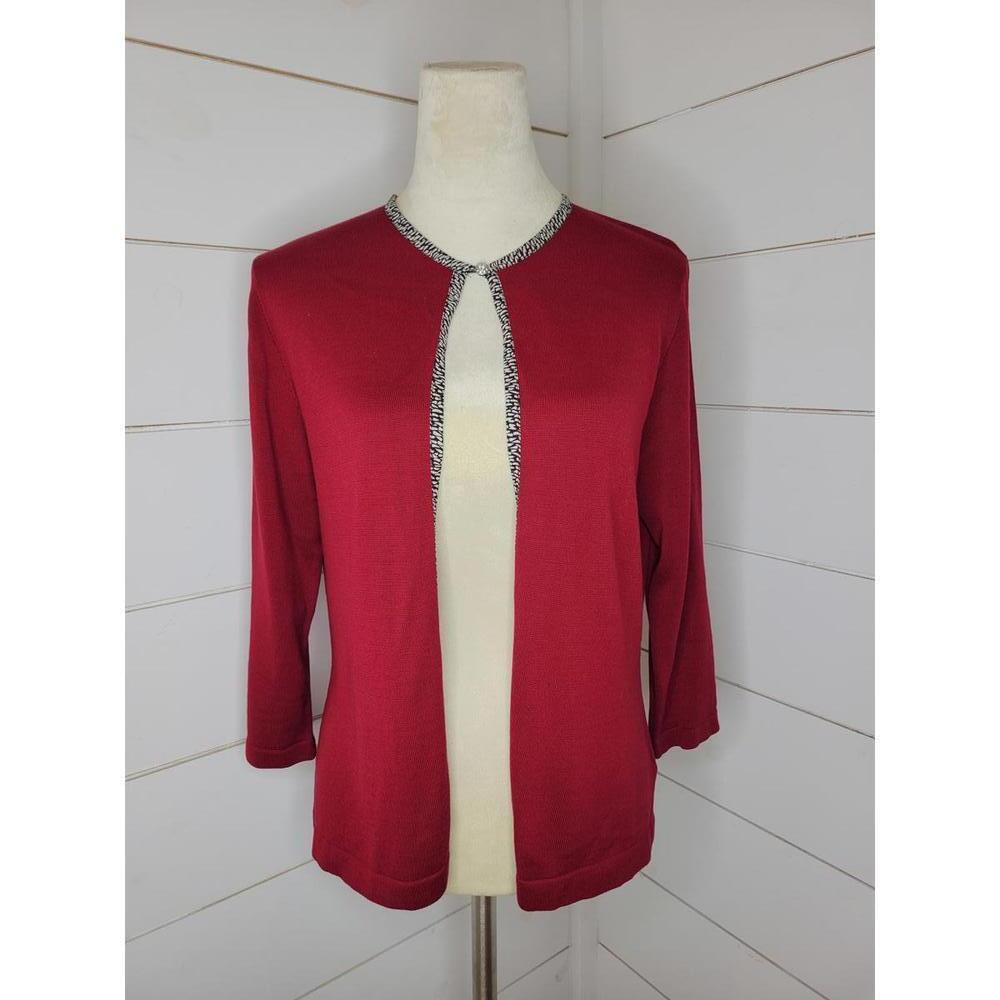 Vintage 90s Harold's red silk blend cardigan sweater. Black & white detail